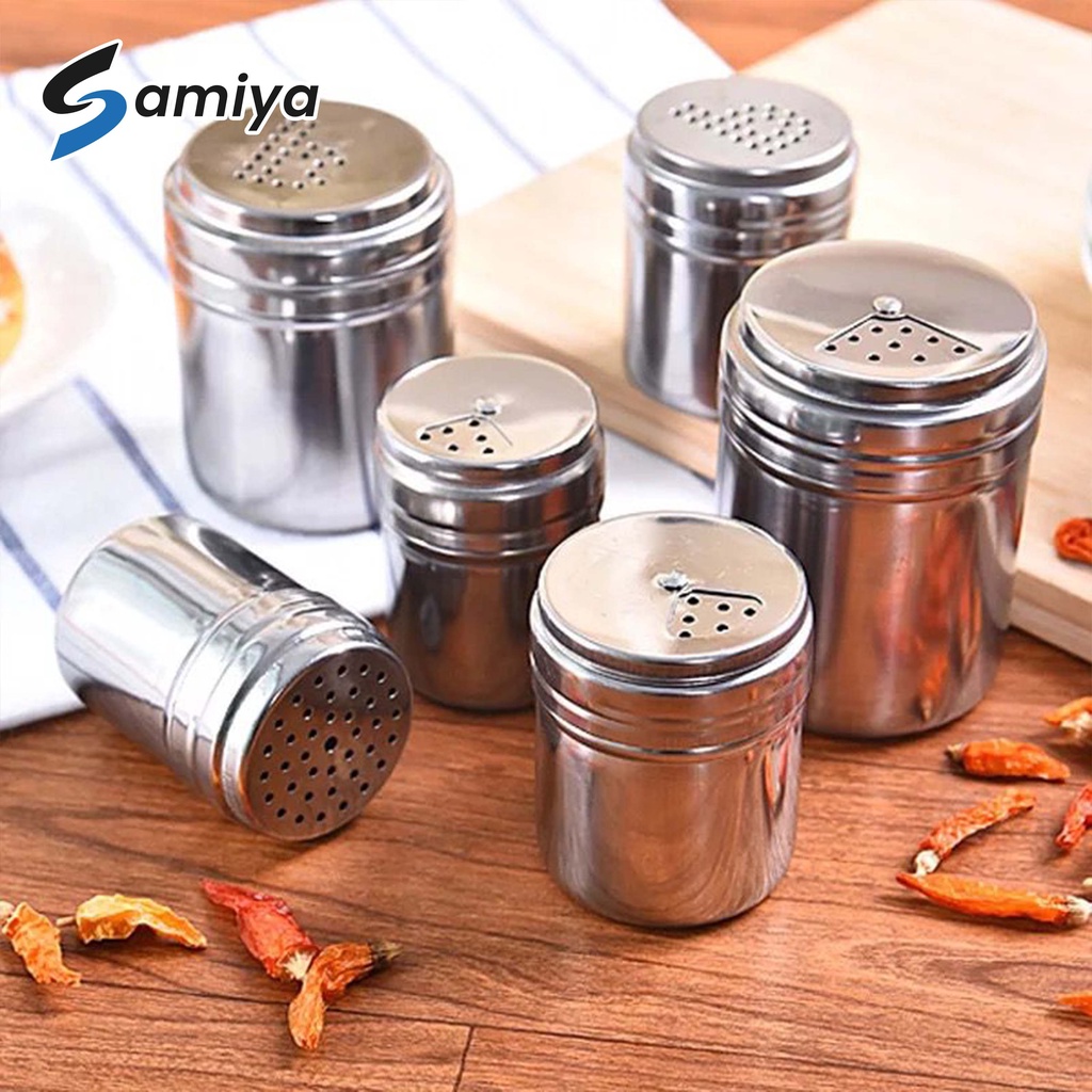 stainless powder can spice chili pepper sugar rotating multi purpose / tempat penabur merica lada cabai garam micin bumbu dapur / tempat penyimpan bumbu BBQ