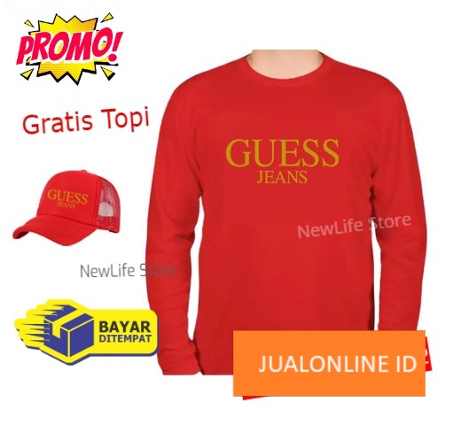 Beli Baju Gratis Topi - Kaos Distro Guess Jeans Gold  Premium Pria Wanita Lengan Panjang