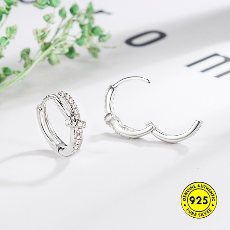 Anting Tusuk Gantung Sterling Silver Desain Simpul Silang Hias Berlian Imitasi Gaya Simple Untuk Wanita