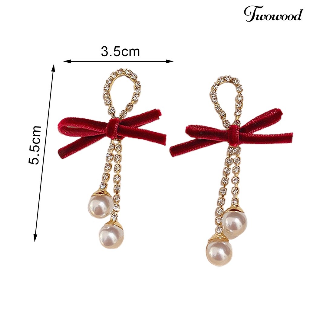 Twowood 1 Pair Dangle Earrings Bow Faux Pearls Women Shiny Rhinestones Tassels Stud Earrings for Dating