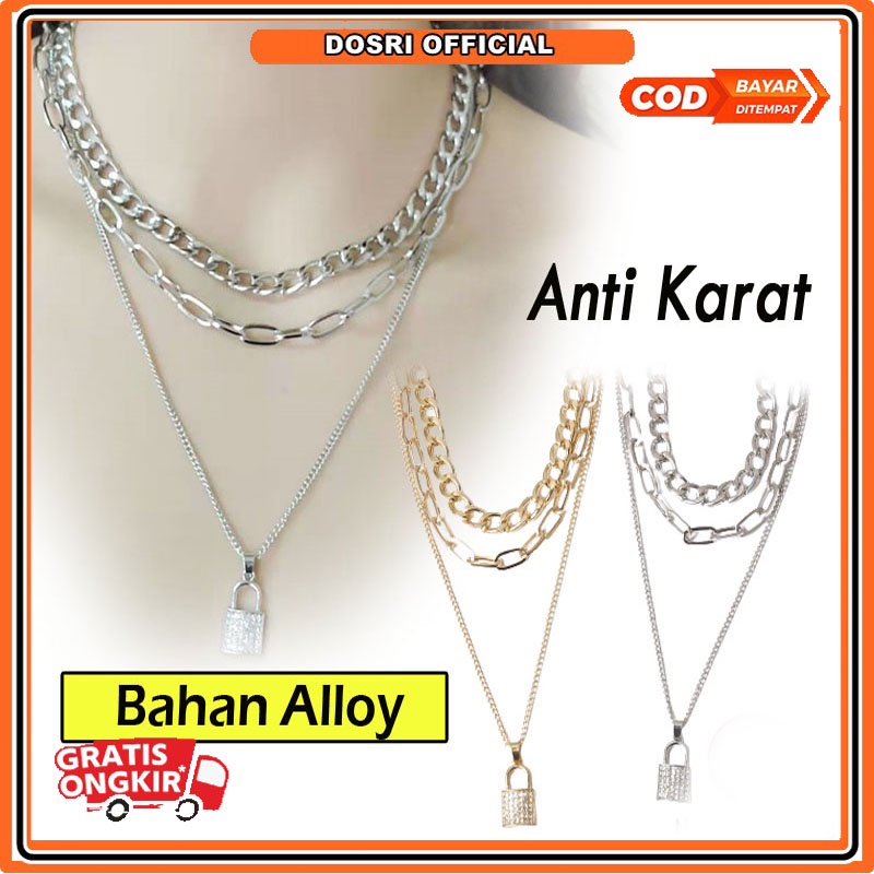 [ BISA COD ] Kalung Rantai Liontin Gembok Gaya Vintage Punk Bahan Metal Warna Gold/Silver Untuk Wanita