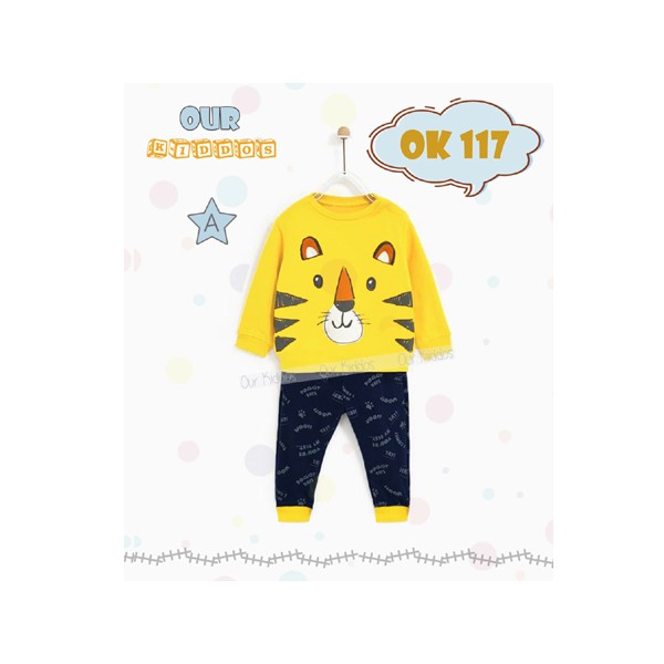Piyama Anak Gambar Macan Baju Tidur Anak Cowok Warna Kuning Macan Lengan Panjang Bahan Katun Impor