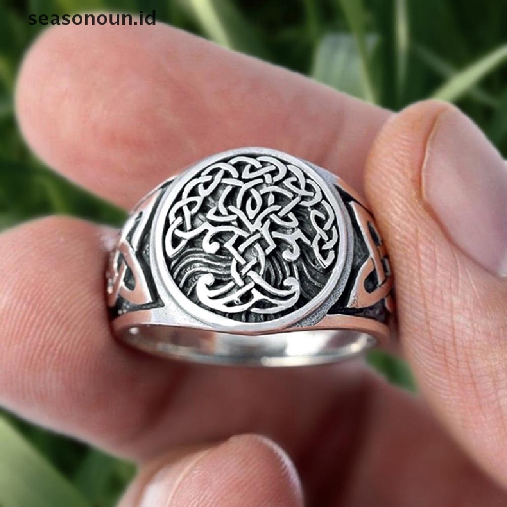 Cincin Desain Pohon Kehidupan Celtics Knotwork Bahan Stainless Steel Untuk Pria