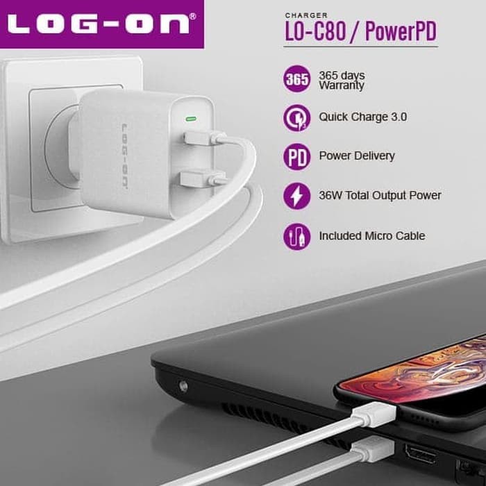 CASAN CHARGER LOG ON LO-C80 QUALCOM QUICK CHARGER 3.0 PLUS POWER DELIVERY USB C