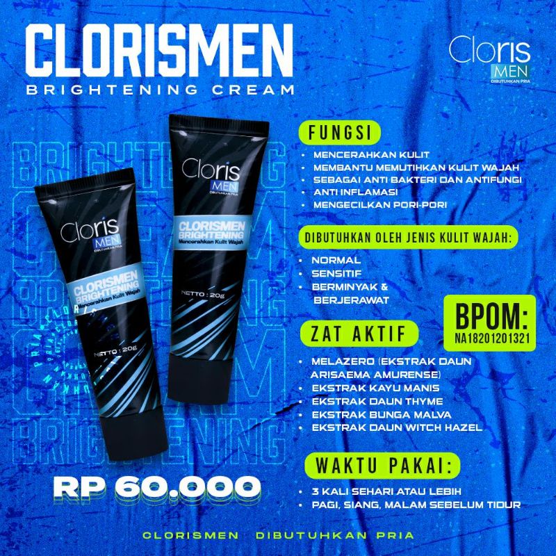 Clorismen Brightening Cream 20gr - Krim Pencerah Pemutih Wajah Pria