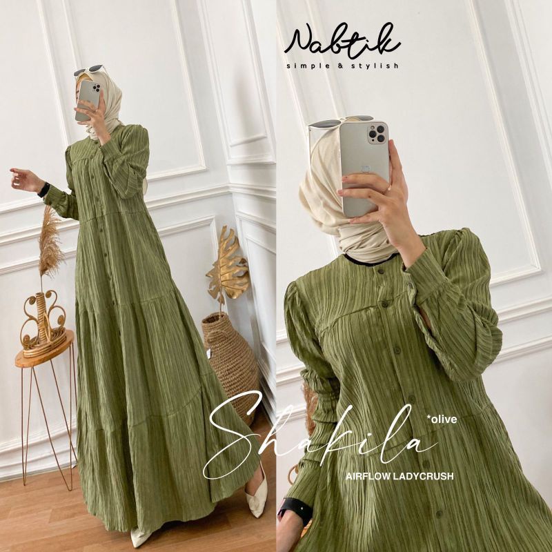 Shakila Maxy Dress Gamis Crinkle Airflow Lady Crush Premium Full Kancing-Shakila olive