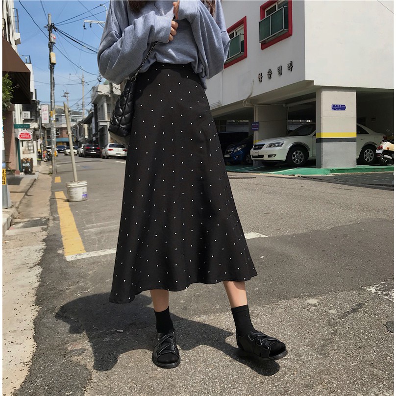 Hitam midi Pinggang Tinggi skirt Rok Putri Duyung Wanita Pola Polka Dot