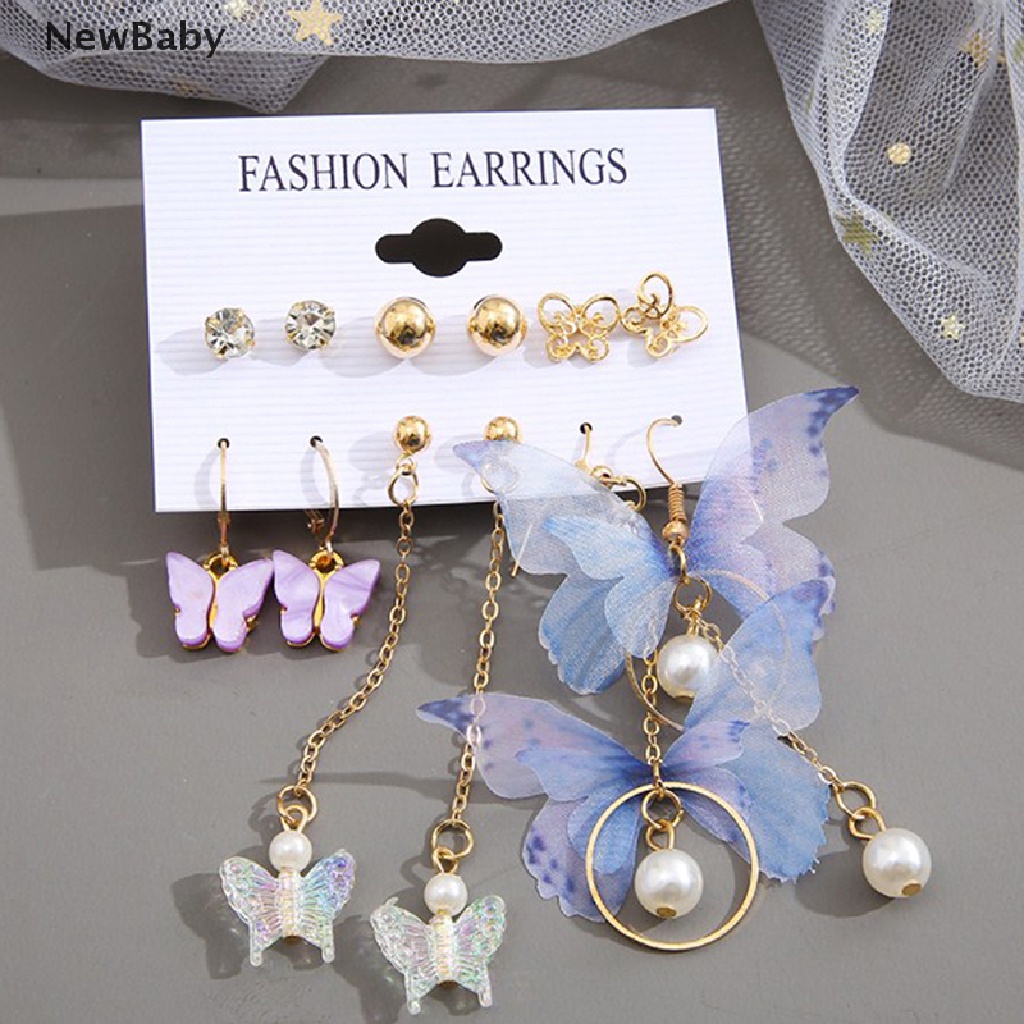 6 Pasang / Set Anting Stud Desain Kupu-Kupu Warna Emas Gaya Korea Untuk Wanita