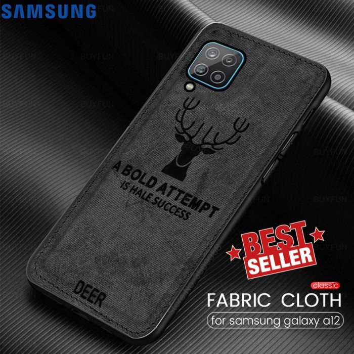 Case Samsung A12 Cloth Leather Deer Case Premium Softcase Casing - Biru