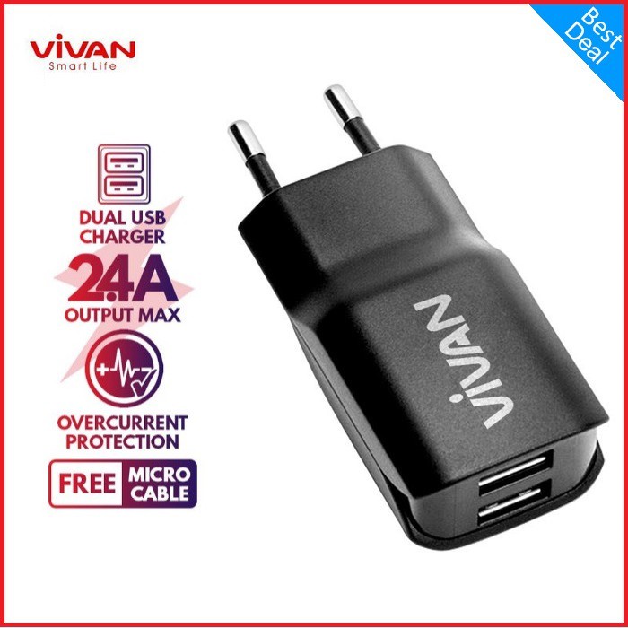 VIVAN DD01 Adaptor Charger Dual USB 2.4A + Micro USB Cable