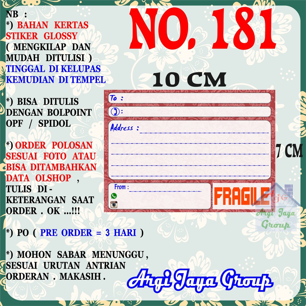 

Stiker Pengiriman - Sticker Alamat Olshop Murah Nomer 181 - 10x7 cm - Glossy