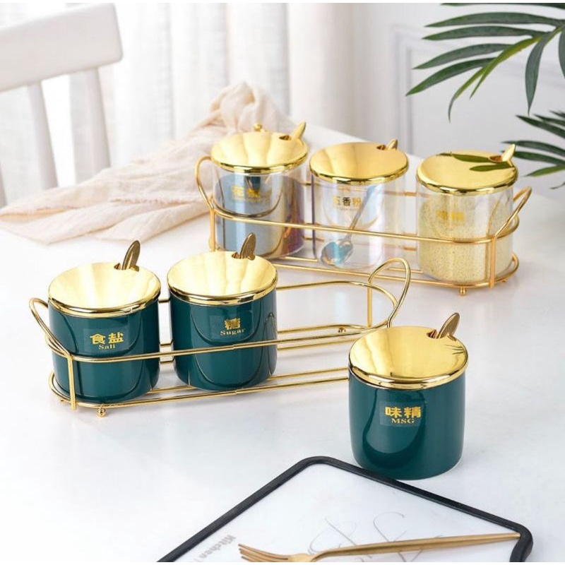 Toples Tempat Wadah Bumbu Dapur Teh Gula Kopi Bumbu Dapur Serbaguna Kaca Mewah Gold Emas Set