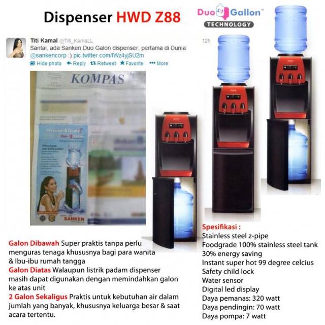 Sanken dispenser galon atas bawah HWD-Z88 dispenser duo gallon