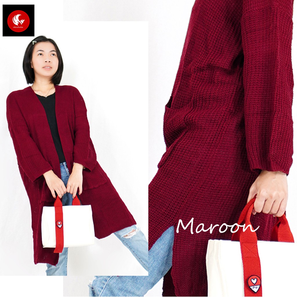 OKECHUKU Lavella Long Cardigan Wanita Outer Wanita Cardigan Rajut Oversize-Marun