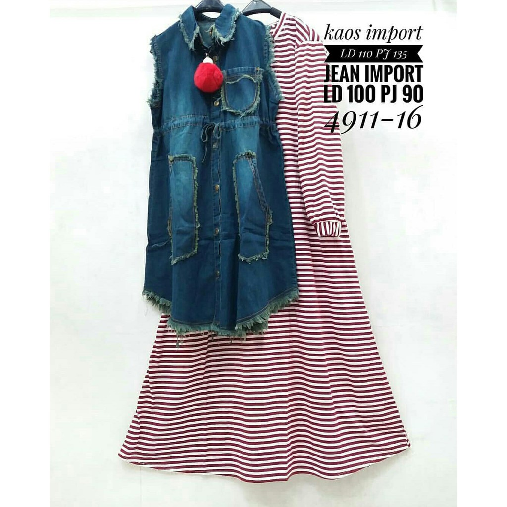 SETELAN WANITA ROMPI JEANS RAWIS TUNIK KAOS MOTIF GARIS