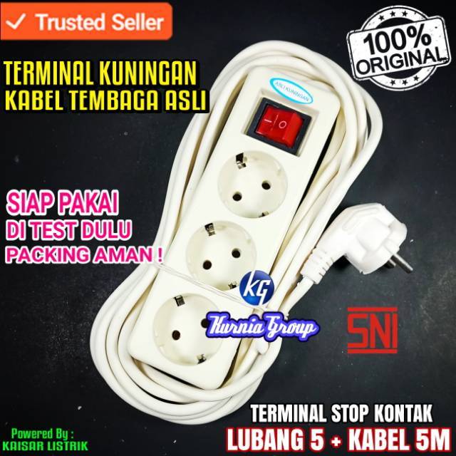 TERMINAL STOP KONTAK 3 LUBANG + KABEL 5M KUNINGAN ASLI Colokan Cabang Kabel Roll extension 5 Meter