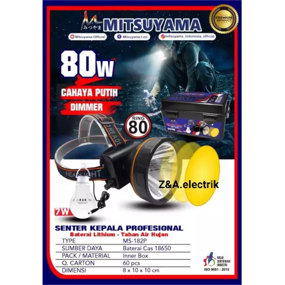 Senter Kepala LED MS-182P Headlamp Dimmer Profesional Cahaya Putih MITSUYAMA