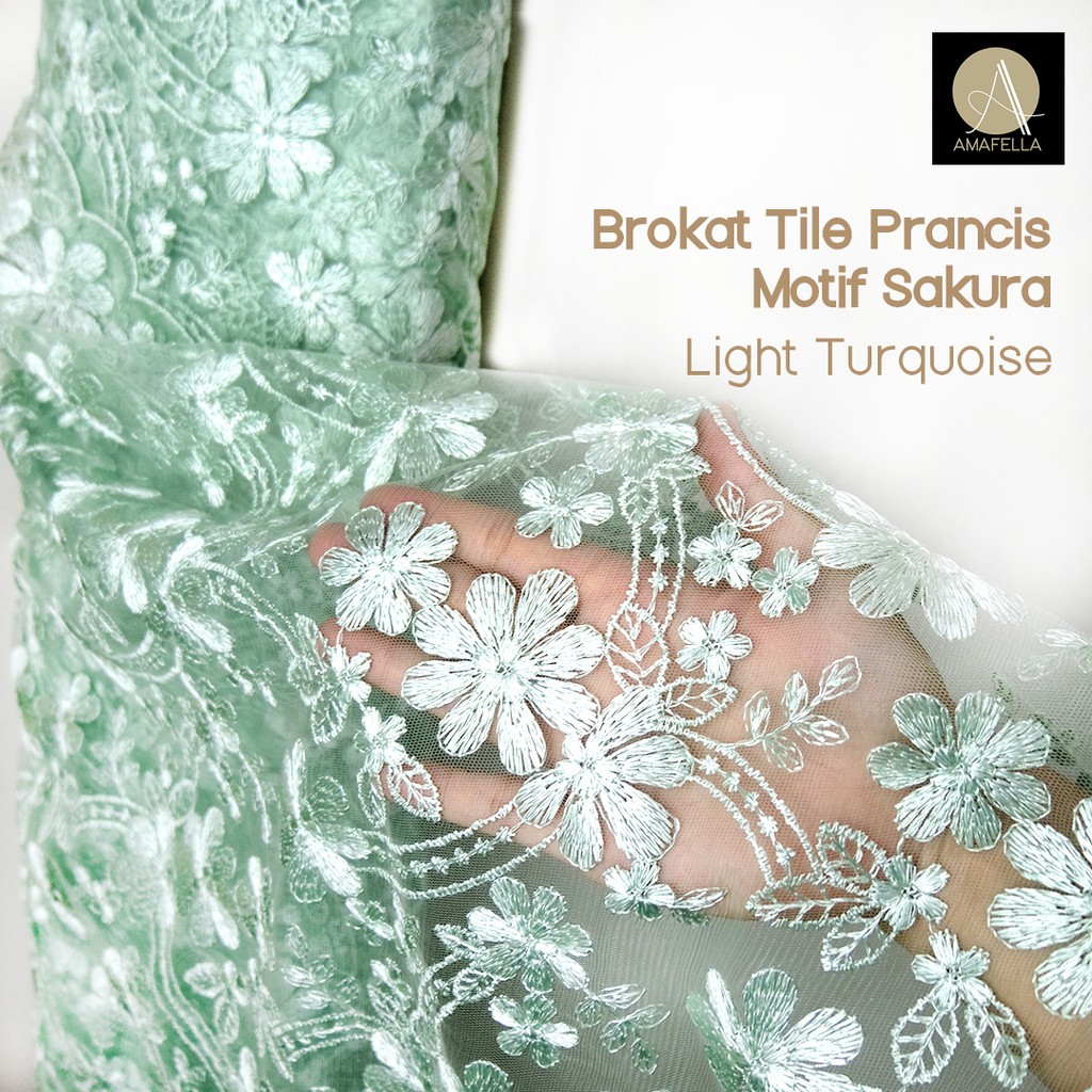 1/2 meter Kain Brokat Tile Prancis Bahan Kebaya Motif Sakura Light Turquoise Mint