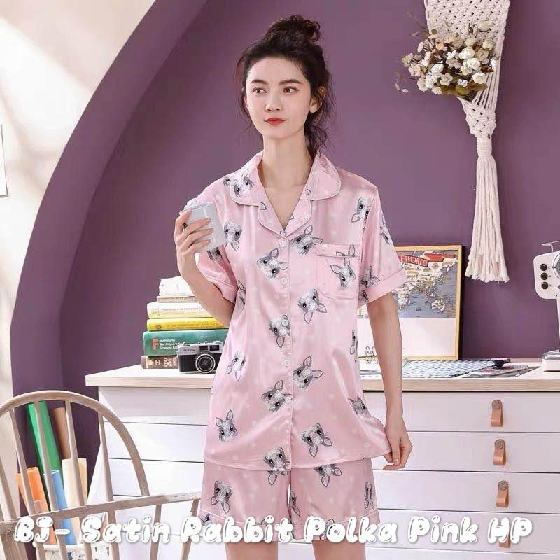 MDLV ~ BAJU TIDUR SATIN RABBIT POLKA PINK HP BAJU TIDUR CEWEK IMPORT  BEST SELLER PIYAMA CEWEK IMPOR