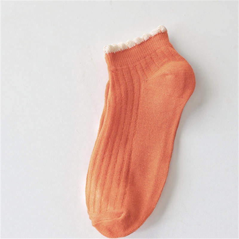 [COD] Kaos Kaki Wanita Import Motif Garis Renda Kaos Kaki Polos Cantik dengan Aksen Renda Ala Korea Kaos Kaki Semata kaki Ankle Shock-Orange garis