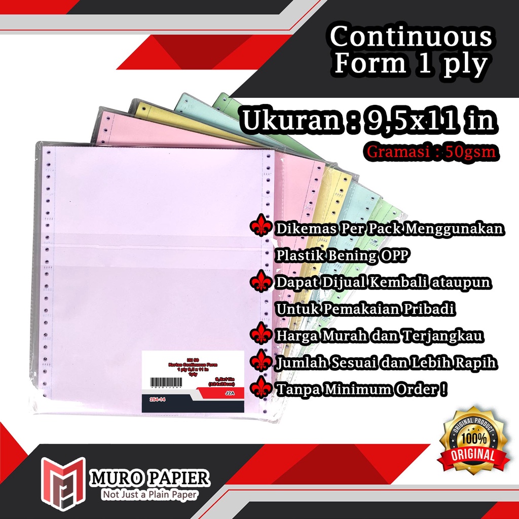 

( PER PAK - ISI 50 ) Kertas Continuous Form 50 gsm 1 ply dan 1 ply PRS 9,5 x 11 in - by Muro Papier