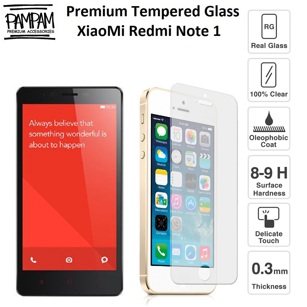 Premium Tempered Glass XiaoMi Redmi Note 1 9H HP Anti Gores Layar Screen Guard Protector Tempred Ori