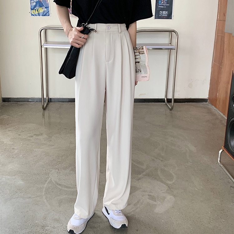 Celana Kasual Wanita Putih Fashion Korean Style High Waist Straight Pants