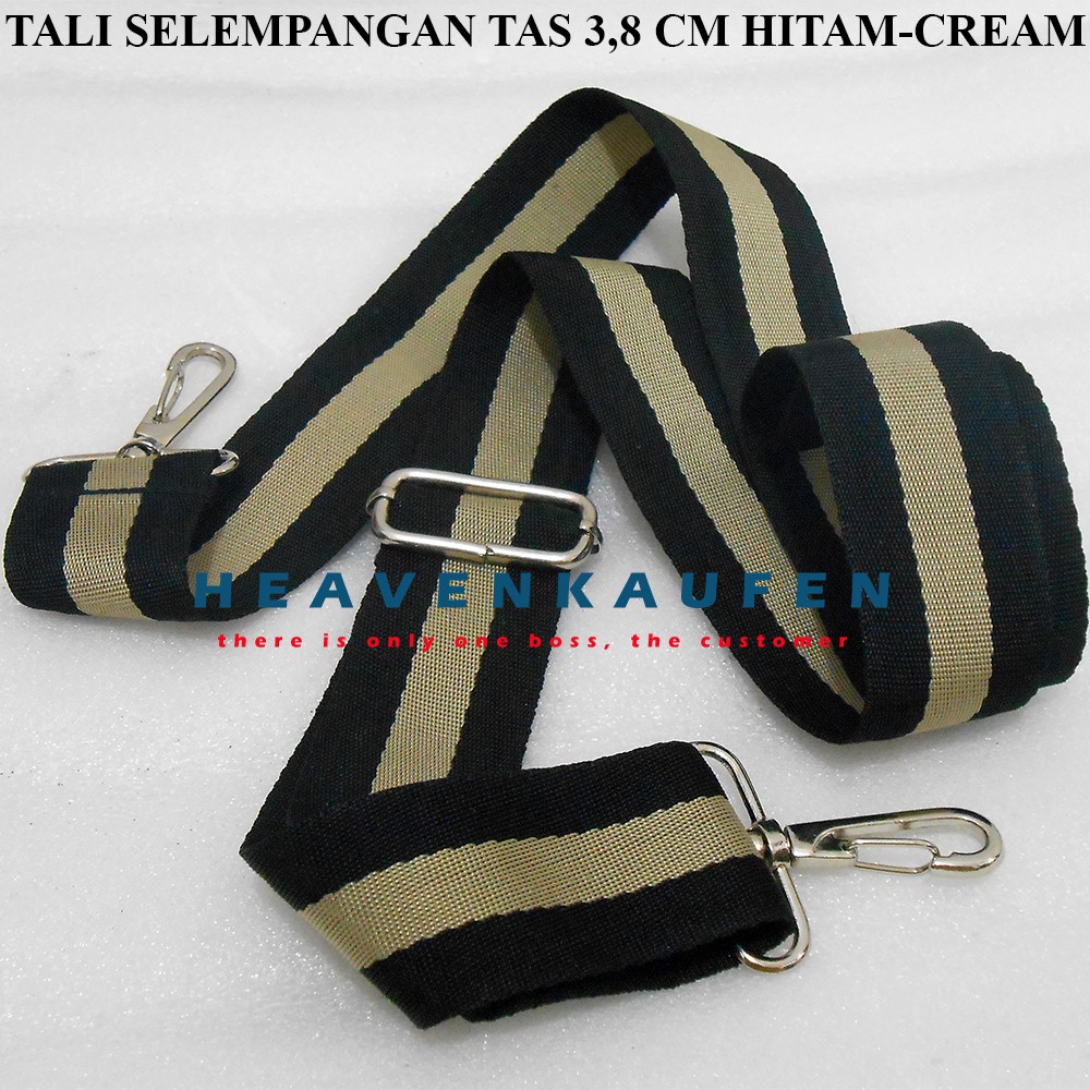 Tali Selempang Tas / Tali Selempangan Tas 3,8 cm Hitam Strip Cream Kait Besi