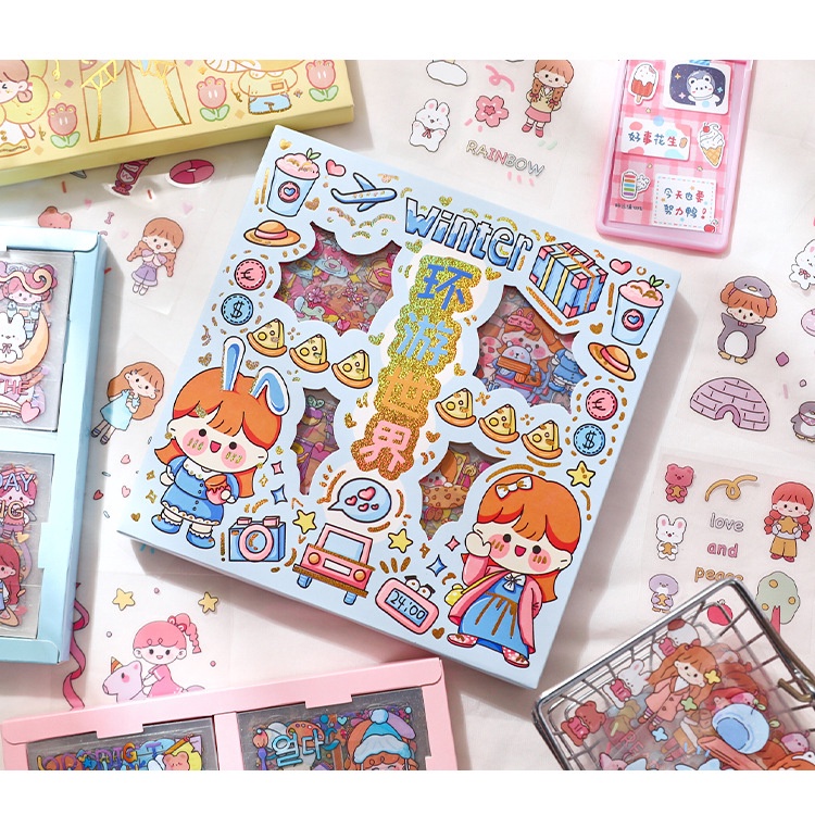 

[NIQNIQ] 100 Lembar Set Sticker PET DIY Scrapbook Stiker Hias Lucu in Box - ST499
