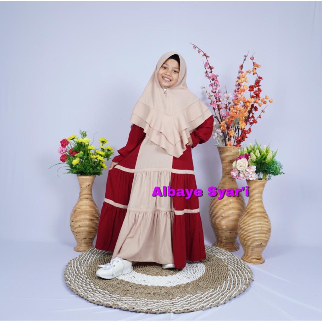 Gamis Anak Syari Polos Tengah Set Khimar (Warna Merah Marron Mix Coklat) (Bahan Wolly Crepe)