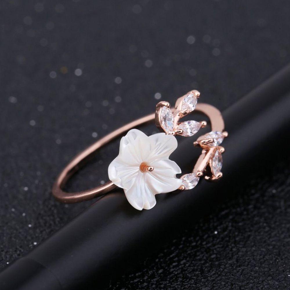 Needway Cincin Terbuka Daun Rose Gold Putih Zircon Shell