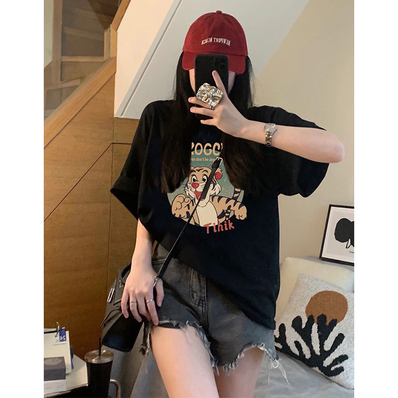 kaos atasan wanita tiger anime graphic printing tee korean style lengan pendek import hitam kaos