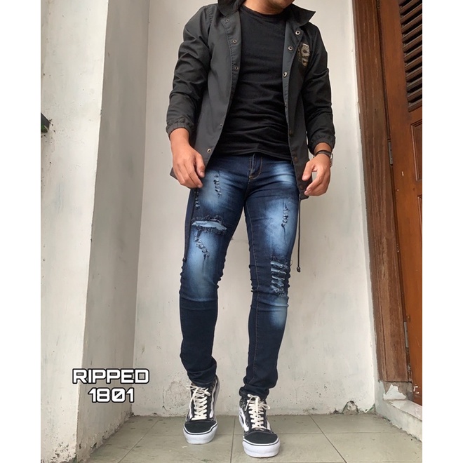 Celana Jeans Sobek Pria Ripped Tidak Tembus Original Soft Jeans Strech Terbaru Korean Style kekinian