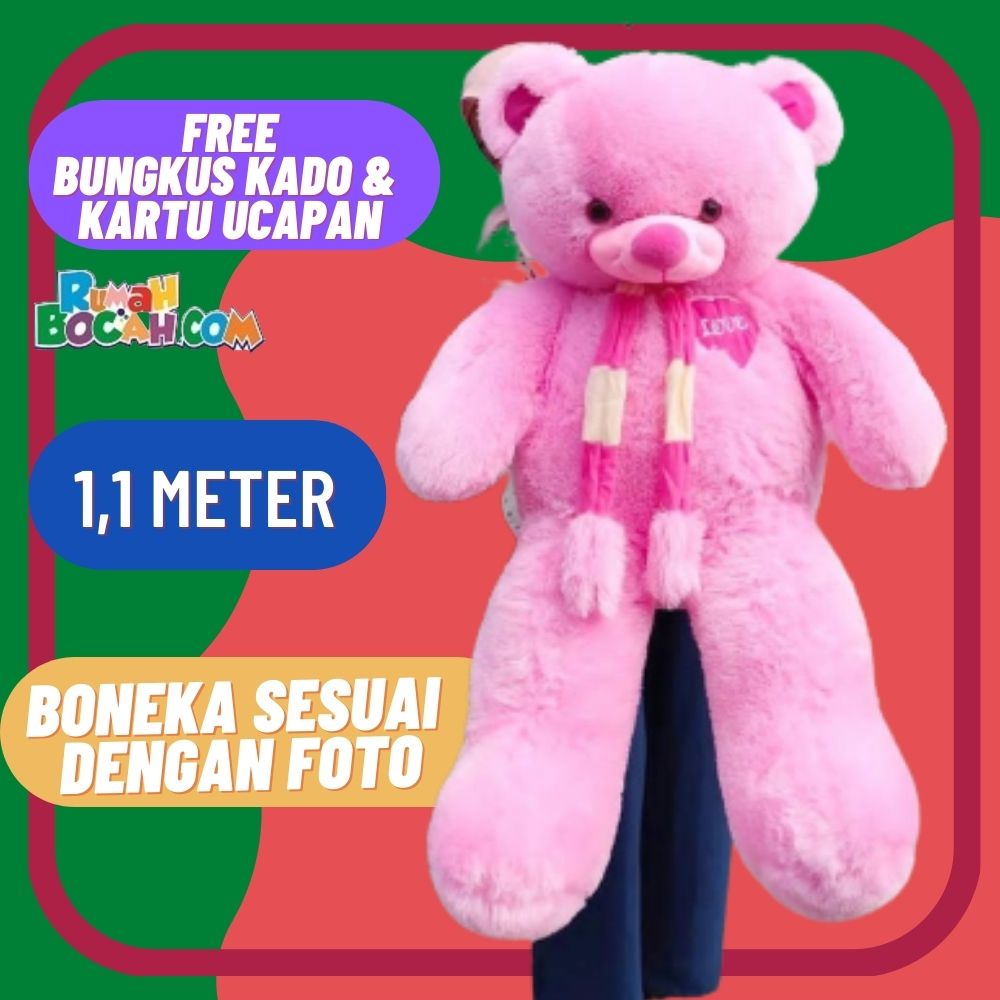 Boneka Beruang 1,1 Meter Teddy Bear Beruang Jumbo Besar Bear Syal Love Pink untuk Kado Ulang Tahun K