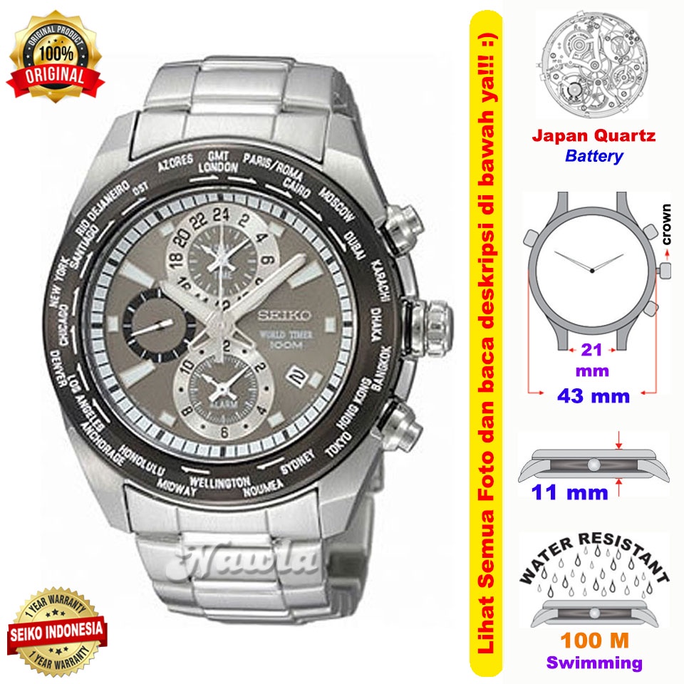 Seiko Quartz SPL035P1 Alarm World Timer Grey - Jam Tangan Pria SPL035