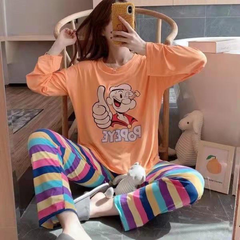 JC- Stelan Import Oversize Premium PP / Stelan piyama import Panjang  / piyama Korea Bigsize Import-Popaye Orange PP