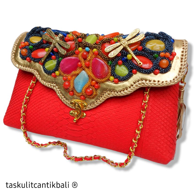 Clutch Pesta Maia Size M Warna Merah - Clutch Model Awan Asli Tas Kulit Ular Piton