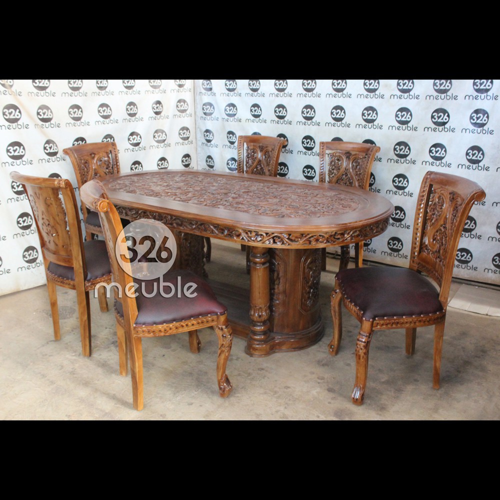 Meja Makan Ukiran 6 Kursi Mebel Jepara - Meja Makan Jati - Meja Makan Oval Jati
