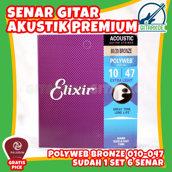 Senar Gitar Elixir Akustik Ukuran 010 Polyweb Bronze Anti/Tahan Karat