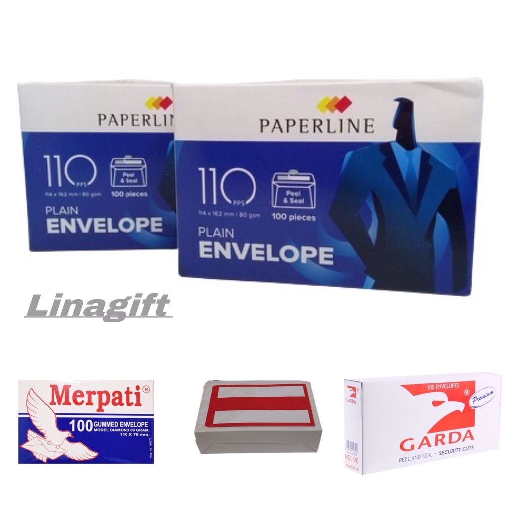 ( Pak 100 Lembar ) AMPLOP MERAH PUTIH - MERPATI POLOS KECIL / GARDA 104 / 90 PUTIH POLOS / AIRMAIL - WHITE ENVELOPE LETTER