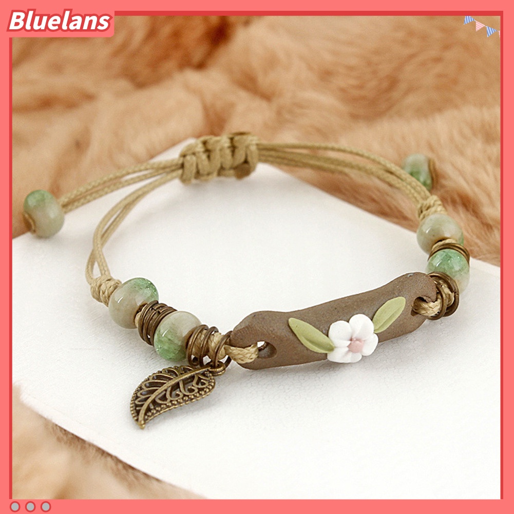 Bluelans Fashion Women Flower Leaf Porcelain Charm Woven Bracelet Adjustable Jewelry Gift