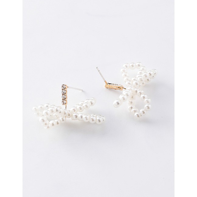LRC Anting Tusuk Fashion White 925 Silver Needle Bow Beaded Woven Diamond Stereo Stud Earring F48219
