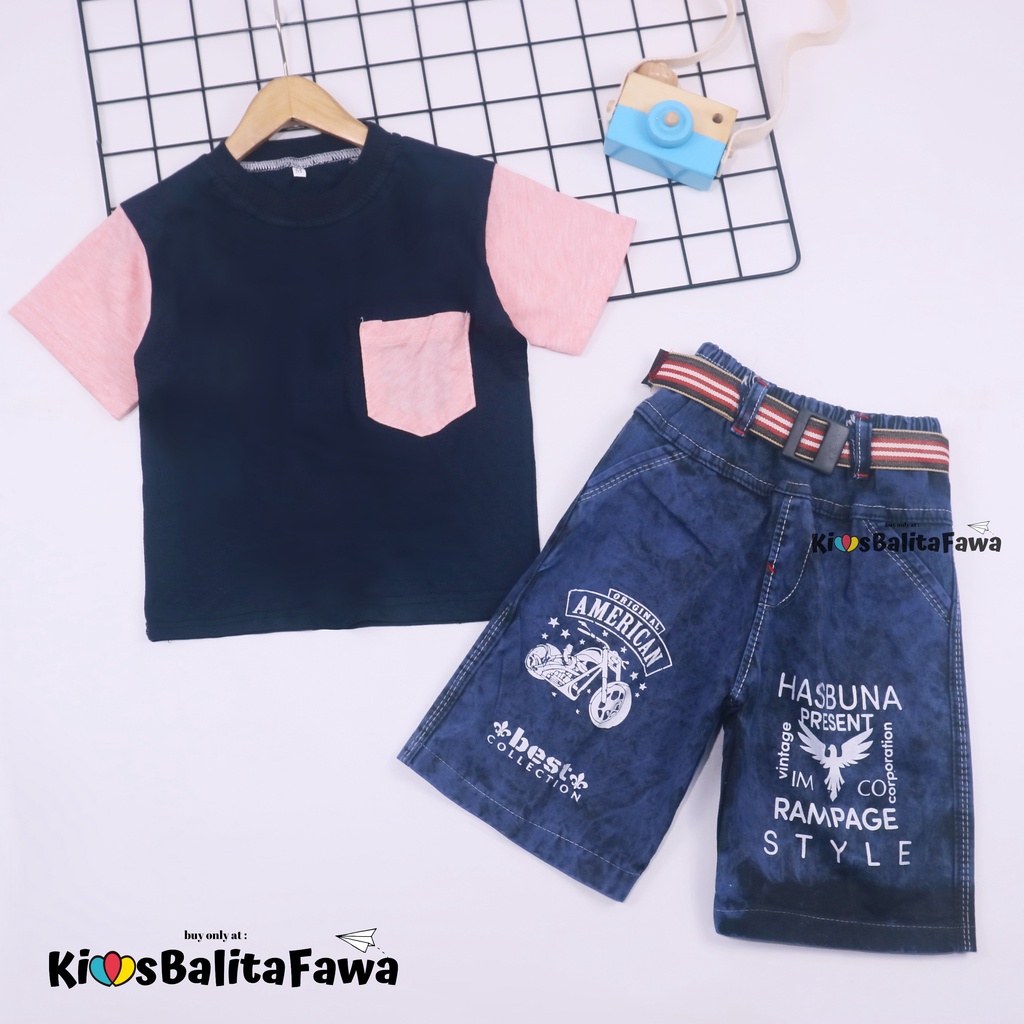 Setelan John Ethes uk 3-4 Tahun / Baju Anak Laki-Laki Lengan Pendek Celana Jeans Set Oblong Kantong