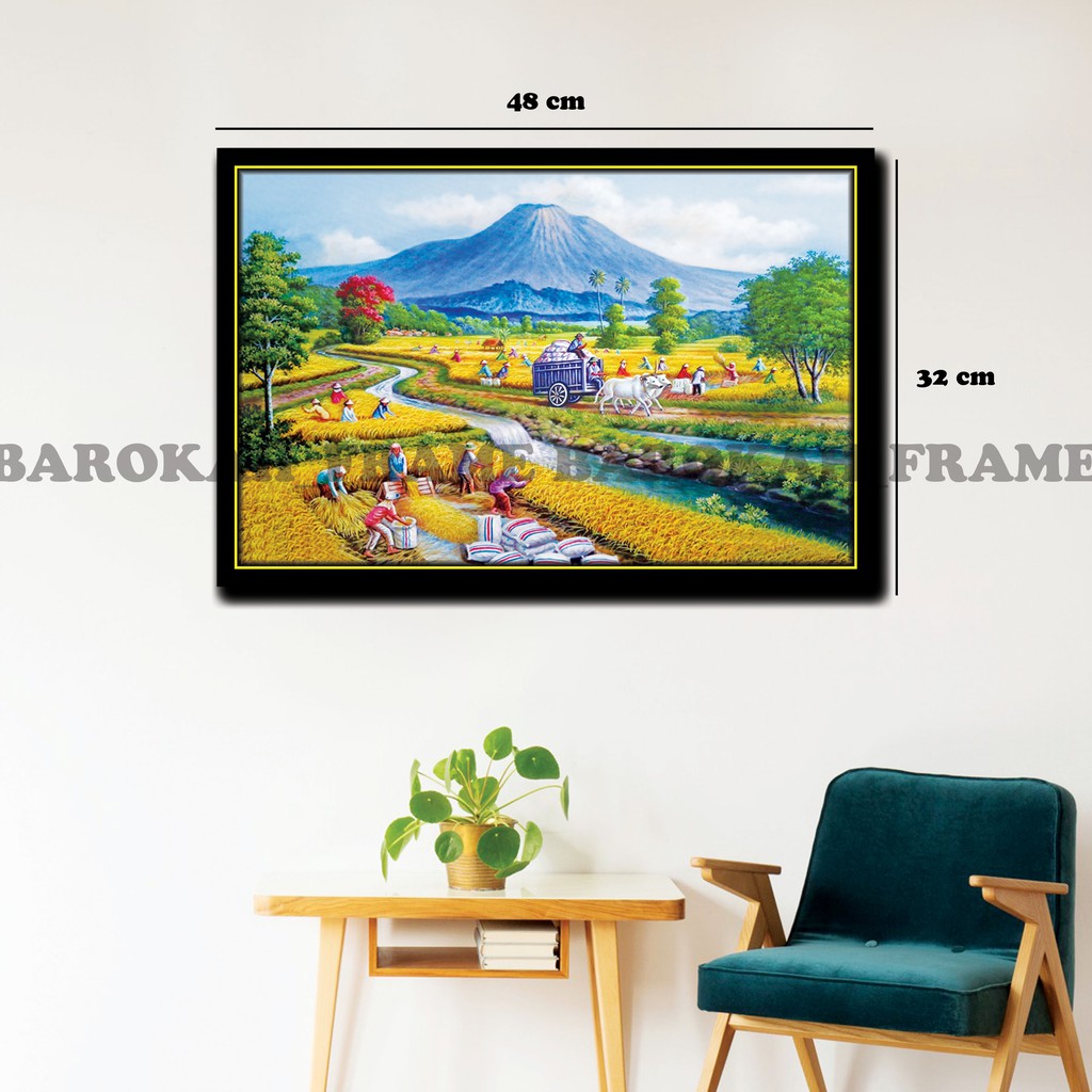 Poster Foto Lukisan Pemandangan Sawah Panen Raya Petani Bertani 32x48cm