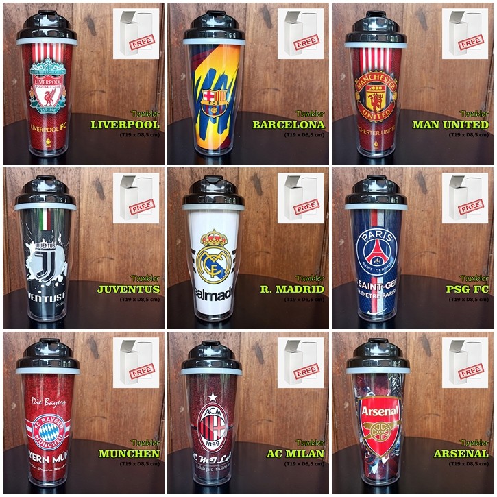 TUMBLER Tupperware Botol Minum KLUB Bola Sepakbola BARCA MADRID CHELSEA ARSENAL LIVERPOOL JUVE MILAN Free Box Kardus