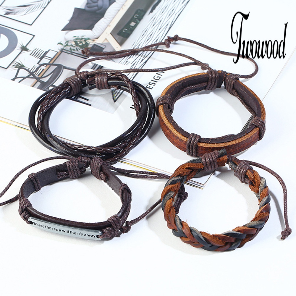 12pcs / Set Gelang Multilayer Bahan Kulit Imitasi Gaya Vintage Untuk Pria