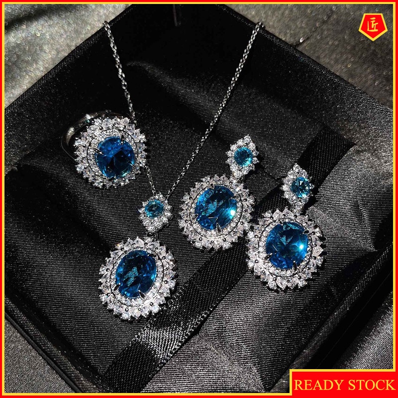 [Ready Stock]New Luxury Sea Blue Topaz Necklace Ring Earings Set