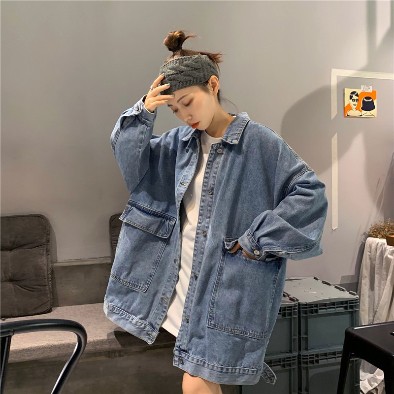 [chaoo.id]Jaket Denim Gaya Korea Jaket Lengan Panjang Retro Warna Solid Jaket denim wanita Korea style