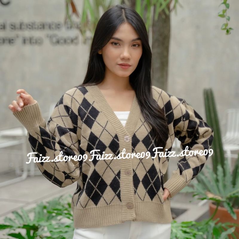 Cardigan  Rajut Motif ketupat Sweater Wanita Import/Kardigan Korea Knit Halus Motif