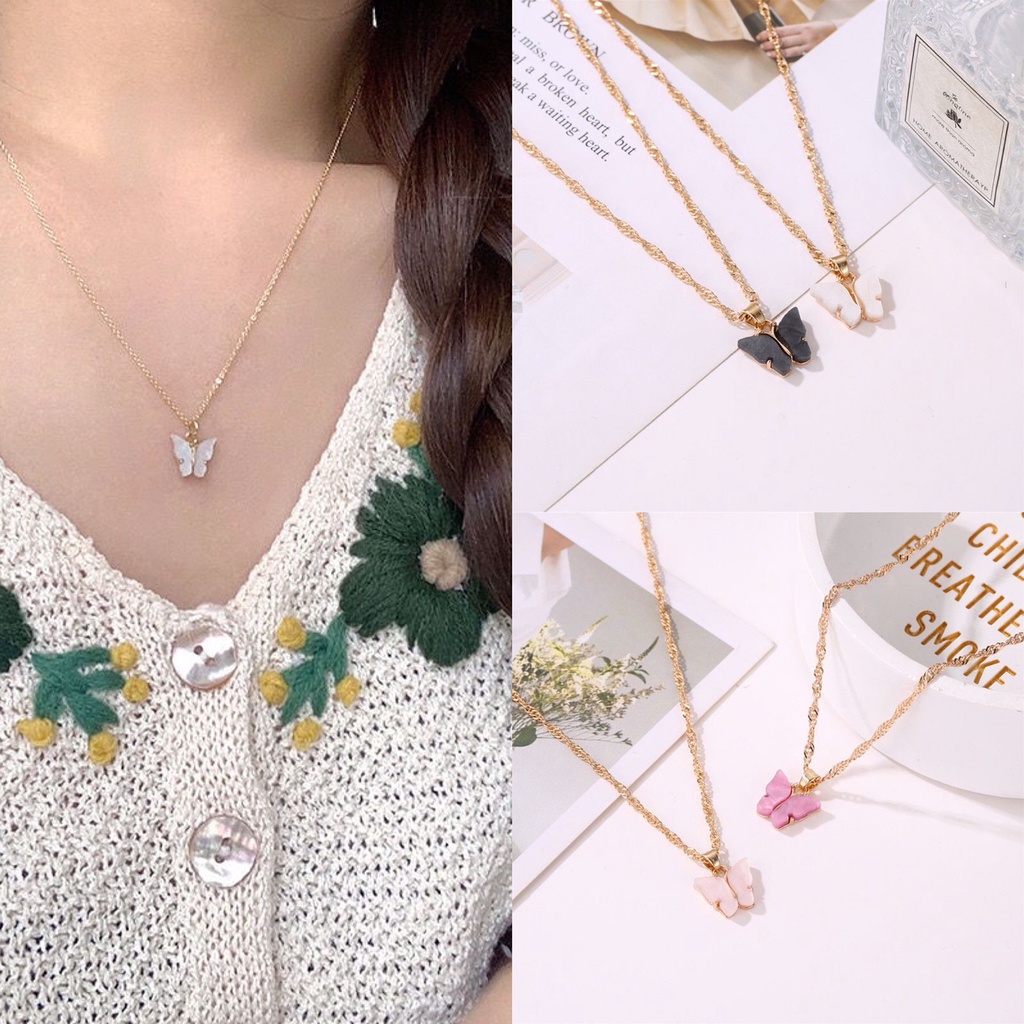 Kalung wanita korea Kupu-kupu Manis Warna Akrilik Kalung Fashion Rantai Aesthetic Liar